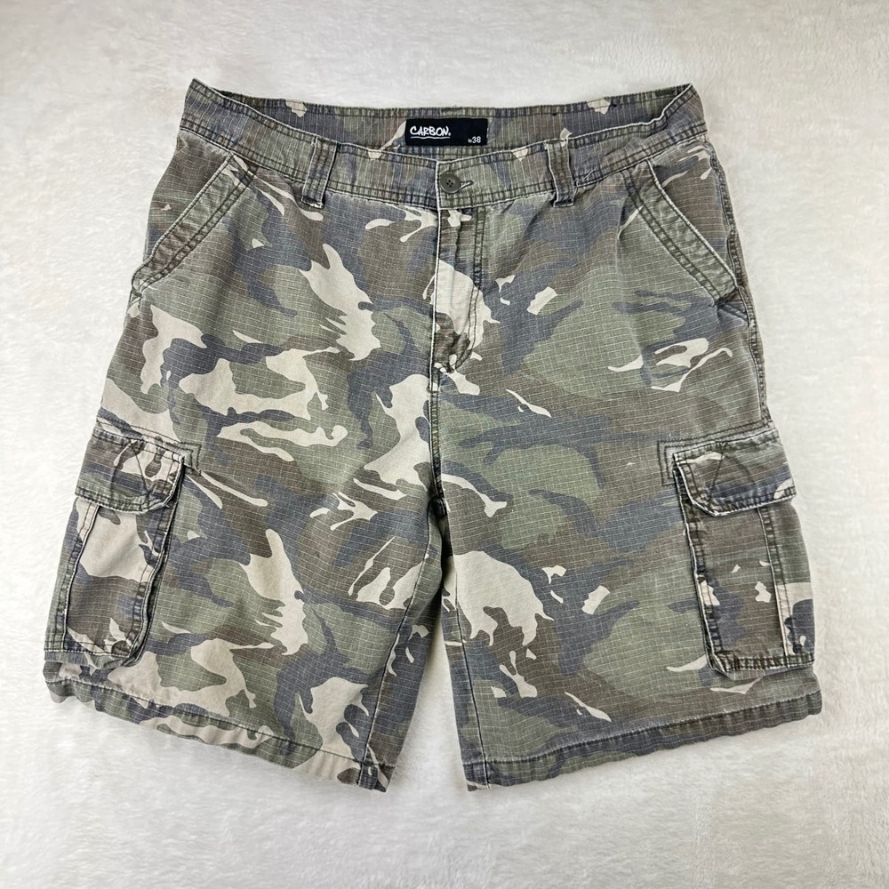 Carbon‎ Cargo Shorts Mens 38 Green Camo Ripstop VTG Y2K Utility Cotton